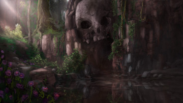 Картинка фэнтези иные+миры +иные+времена пруд пещера арт мрачно цветы скалы череп