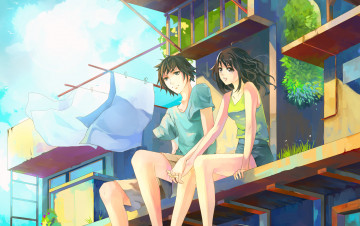 Картинка аниме *unknown+ другое двое парень девушка ветер трава листья белье дома сидят влюбленные
