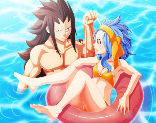 Обои картинки фото аниме, fairy tail, akilachione, арт, девушка, levy, mcgarden, fairy, tail, gajeel, redfox, вода, круг, парень, сказка, о, хвосте, феи