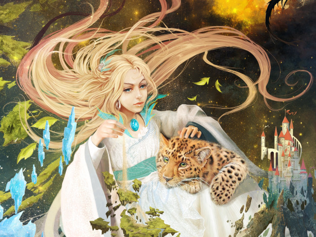 Обои картинки фото фэнтези, девушки, леопард, волосы, замок