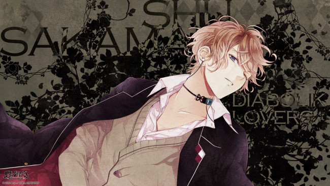 Обои картинки фото аниме, diabolik lovers, sakama, shuu, парень, diabolik, lovers, голубые, глаза, наушники, текст