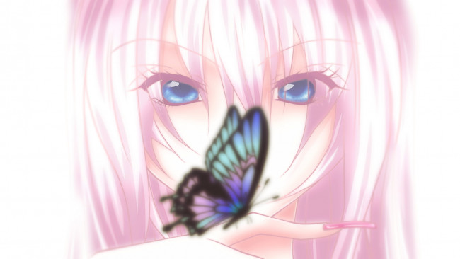 Обои картинки фото аниме, vocaloid, минимализм, бабочка, взгляд, свет, megurine, luka