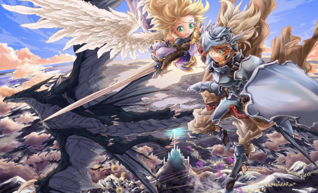 Обои картинки фото аниме, -angels & demons, ангел, облака, небо, высота, меч, крылья, девушка, парень, nicovideo, naka, арт, полет, оружие, драконы, замок