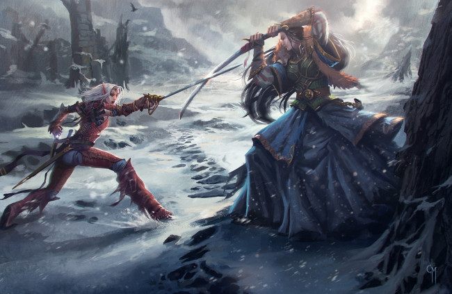 Обои картинки фото фэнтези, эльфы, эльфийка, снег, меч, девушки, битва, арт