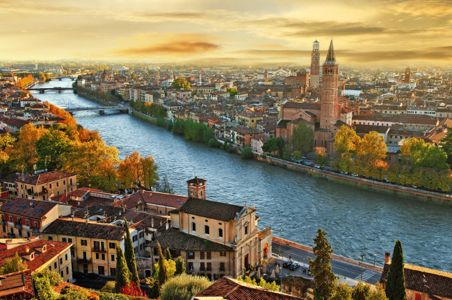 Обои картинки фото верона , италия, города, - панорамы, река, здания