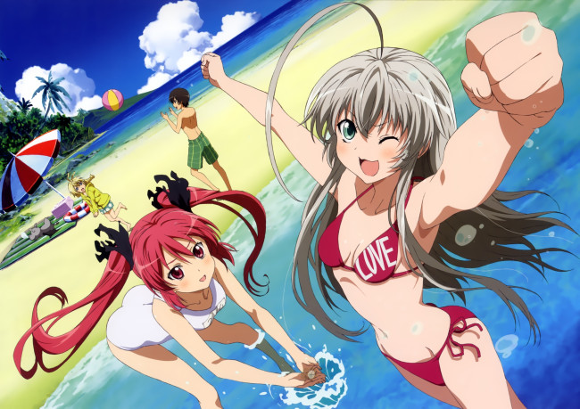 Обои картинки фото аниме, haiyore,  nyaruko-san, art, девушки, yasaka, mahiro, hasuta, nyaruko, kuuko, nyaruko-san, небо, океан, пляж, бикини, взгляд, парень, отдых, мяч, облака