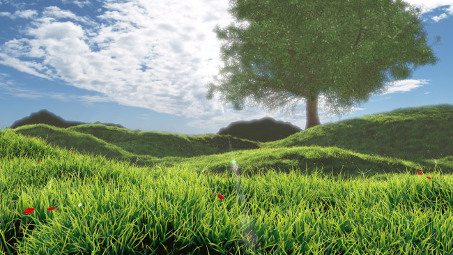 Обои картинки фото 3д графика, природа , nature, трава, холмы, дерево