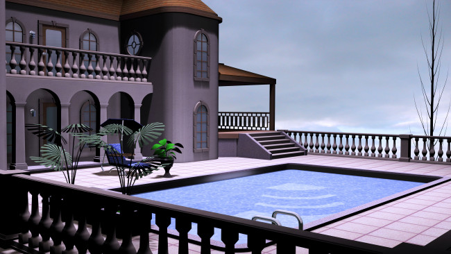 Обои картинки фото 3д графика, реализм , realism, дом, бассейн, вила, растение, балкон, лестница