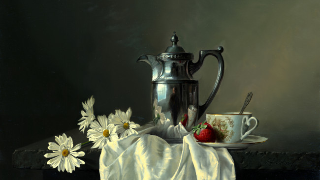 Обои картинки фото еда, натюрморт, клубника, чайник, чашка, цветы