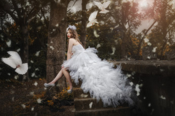 Картинка девушки -unsort+ азиатки азиатка модель невеста свадебное платье голуби птицы настроение стиль