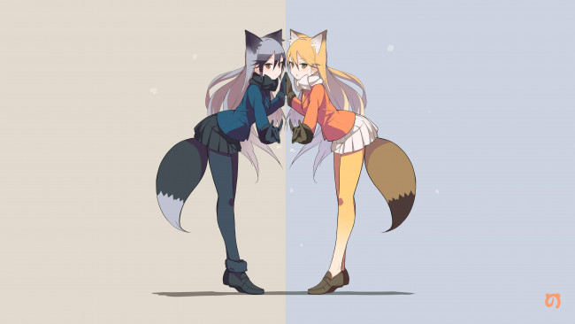 Обои картинки фото аниме, kemono friends, фон, девушки, взгляд