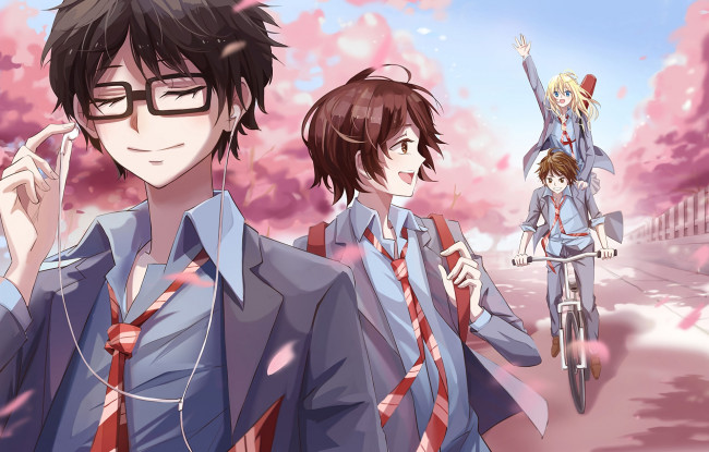 Обои картинки фото аниме, shigatsu wa kimi no uso, девушки, фон, взгляд