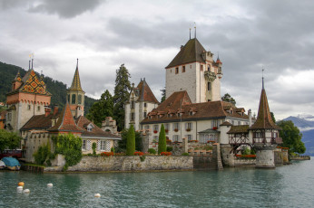 Картинка oberhofen+castle+lake+thun города замок+оберхофен+ швейцария простор