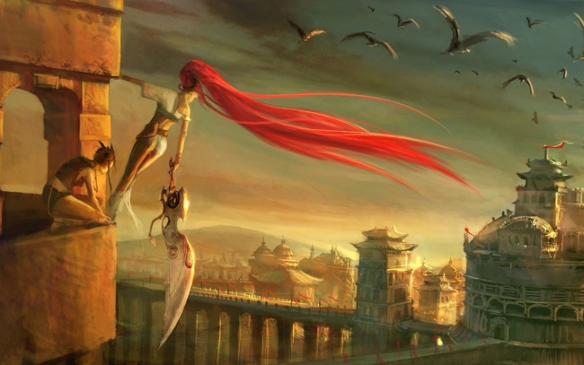 Обои картинки фото heavenly sword, видео игры, птицы, город, башня, меч, девушки