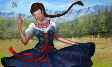 Картинка рисованное люди девушка фон бабочка платье