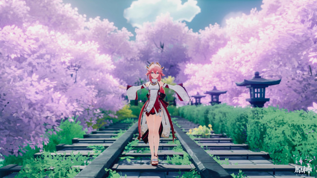 Обои картинки фото аниме, genshin impact, девушка, железная, дорога, сад, цветение