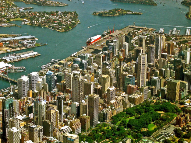 Обои картинки фото air, view, of, downtown, sydney, города, сидней, австралия