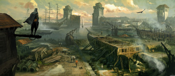 Картинка assassin`s creed revelations видео игры эцио город кораблестроение корабли парусник