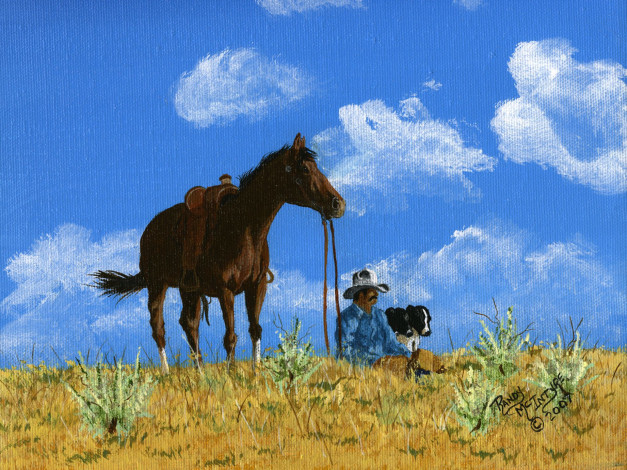 Обои картинки фото рисованные, живопись, ковбой, лошадь, собака