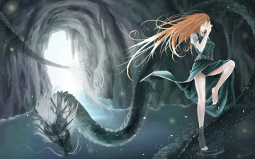 Картинка аниме animals пещера ножки морской змей вода девушка длинноволосая
