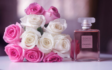 обоя coco, chanel, бренды, цветы, розы, букет, бутоны, духи, коко, шанель