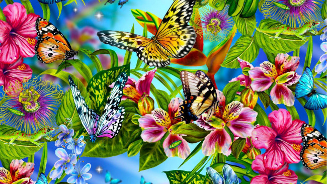 Обои картинки фото разное, компьютерный дизайн, бабочка, цветы