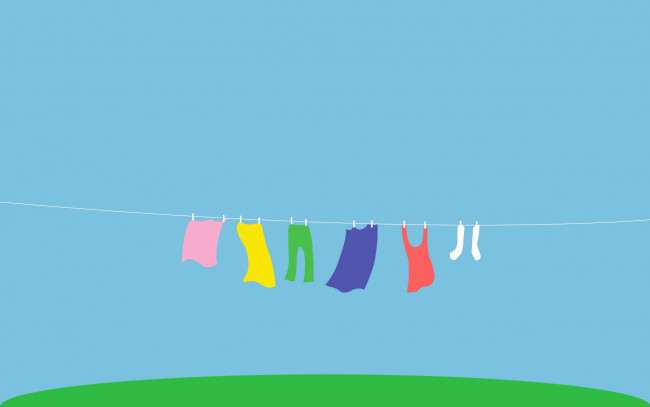 Обои картинки фото рисованные, минимализм, майка, сушка, радуга, цвет, стирка, белье, веревка, трава, двор, носки, брюки