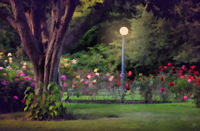 Обои картинки фото рисованные, природа, дерево, фонарь, цветы