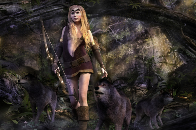 Обои картинки фото 3д графика, амазонки , amazon, взгляд, девушка, лук, волки