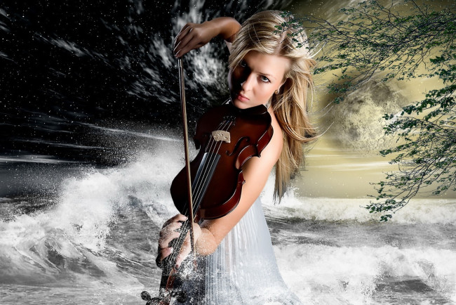 Обои картинки фото музыка, - другое, вода, брызги, девушка, скрипка