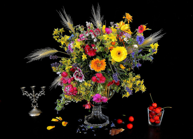 Обои картинки фото цветы, луговые , полевые,  цветы, васильки, колоски, гвоздика, вишня