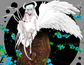 Картинка аниме ангелы +демоны демон девушка ошейник цепь 515m растения гроб перья хвост скелет кости роза цветы рога крылья