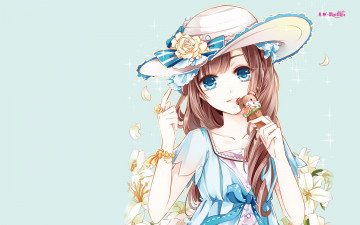 обоя аниме, unknown,  другое, девушка, взгляд, фон, шляпа, цветы