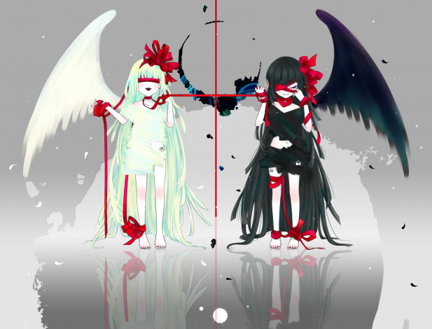 Обои картинки фото аниме, ангелы,  демоны, 515m, бант, лента, повязка, перья, крылья, улыбка, ангел, демон