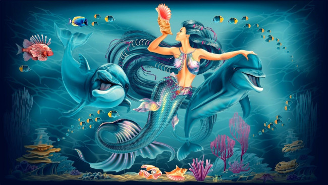 Обои картинки фото фэнтези, русалки, девушка, ракушка, русалка, арт, дельфины, кораллы, рыбы