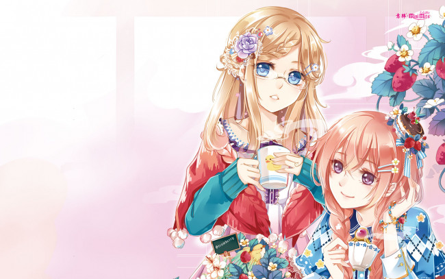 Обои картинки фото аниме, unknown,  другое, чашки, фон, взгляд, девушки, ягоды