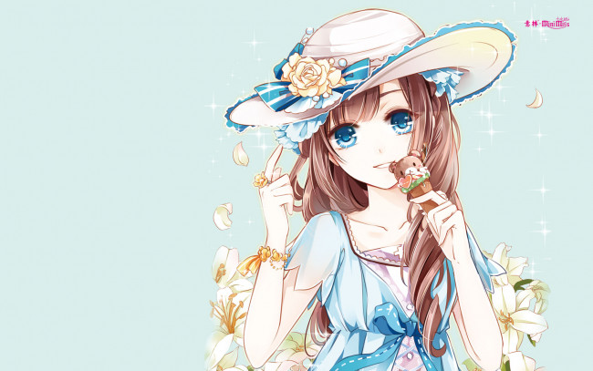 Обои картинки фото аниме, unknown,  другое, девушка, взгляд, фон, шляпа, цветы