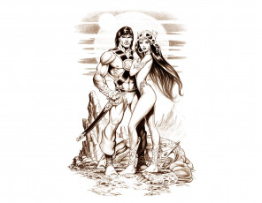 Картинка рисованное люди фон взгляд меч девушка мужчина