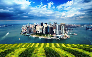 Картинка города нью-йорк+ сша остров небоскребы луга склон манхэттен