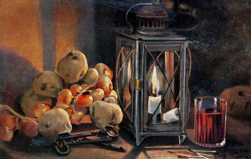 Картинка рисованное живопись фонарь свеча фрукты ключи натюрморт стакан