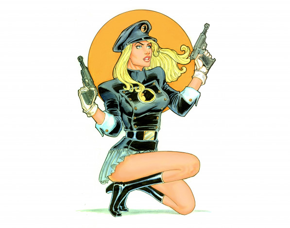 Обои картинки фото рисованное, комиксы, пистолет, униформа, фон, девушка