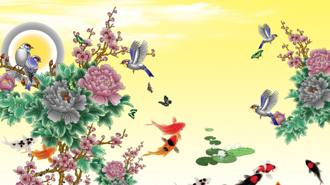 Обои картинки фото векторная графика, цветы , flowers, цветы, птицы, фон