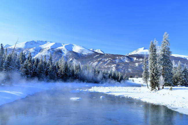 Обои картинки фото природа, реки, озера, река, горы, снег