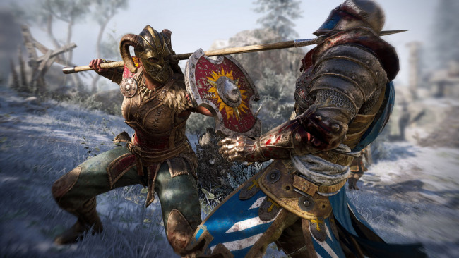 Обои картинки фото видео игры, for honor, девушка, бой, рыцарь, копье, щит, валькирия