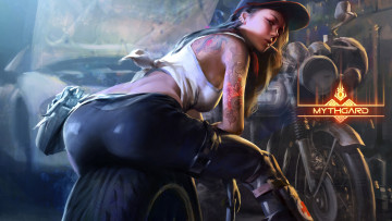 Картинка видео+игры mythgard девушка кепка сигарета тату майка колесо мотоцикл