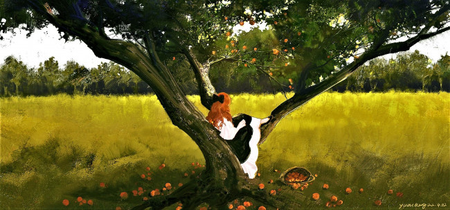 Обои картинки фото рисованное, люди, девушка, дерево, яблоки