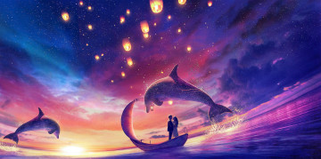 Картинка фэнтези люди пара лодка фонари море дельфины
