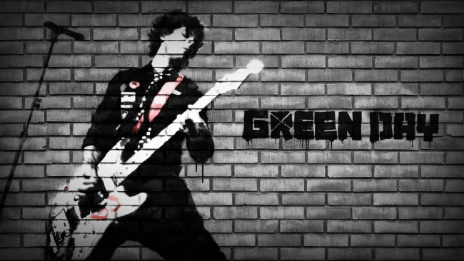 Обои картинки фото музыка, green, day, стена, гитарист