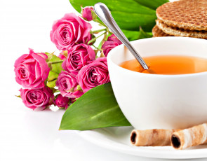 Картинка еда напитки Чай вафли розы чай