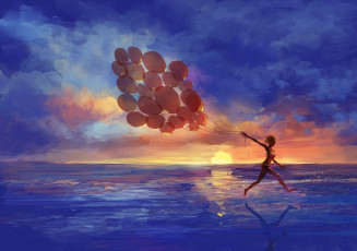 обоя рисованные, дети, девочка, море, закат, воздушные, шары, настроение
